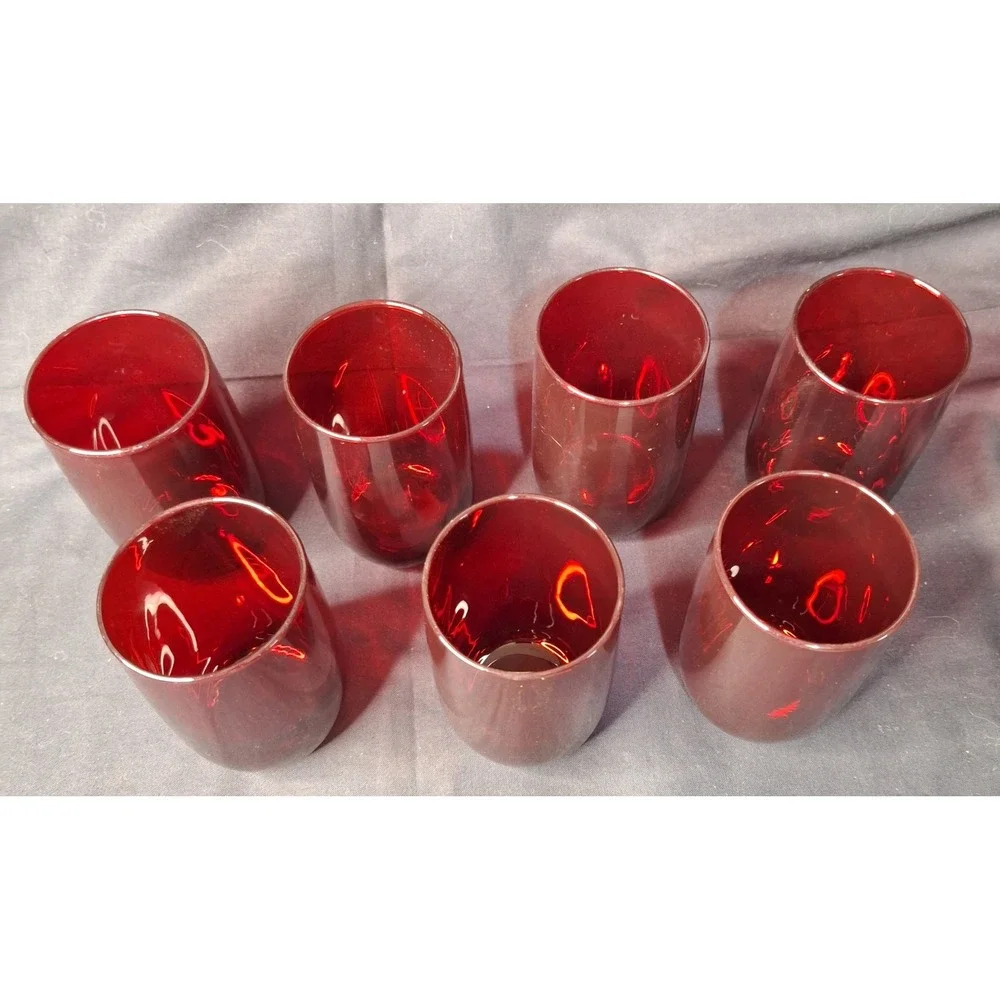 Set of 7 Ruby‎ Red Glass Tumblers Vintage Minimalist Drinking Glasses 4.25 Inch